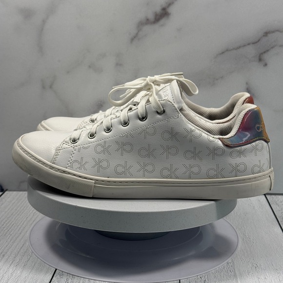 Calvin Klein Gilli Sneaker Women 11 White Logo Print Holographic Heel Casual - Picture 3 of 12